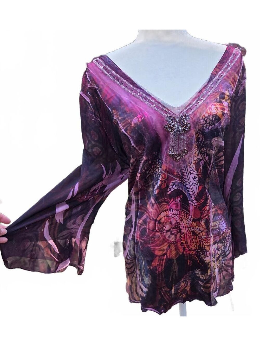 Y2K Vintage Woman Plus Size 3X Sheer Mesh Paisley Tunic Beaded V Neck Top Plum